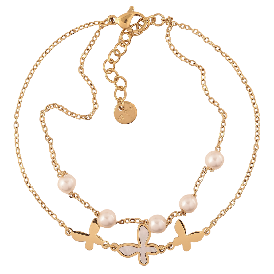 Браслет Xuping ТТМ Stainless Steel колір 14К «Подвійний ланцюжок з метеликами і перлами» з доп.ланцюгом 19-22.5см х 2мм фото №1 Браслет Xuping ТТМ Stainless Steel колір 14К «Подвійний ланцюжок з метеликами і перлами» з доп.ланцюгом 19-22.5см х 2мм фото №1