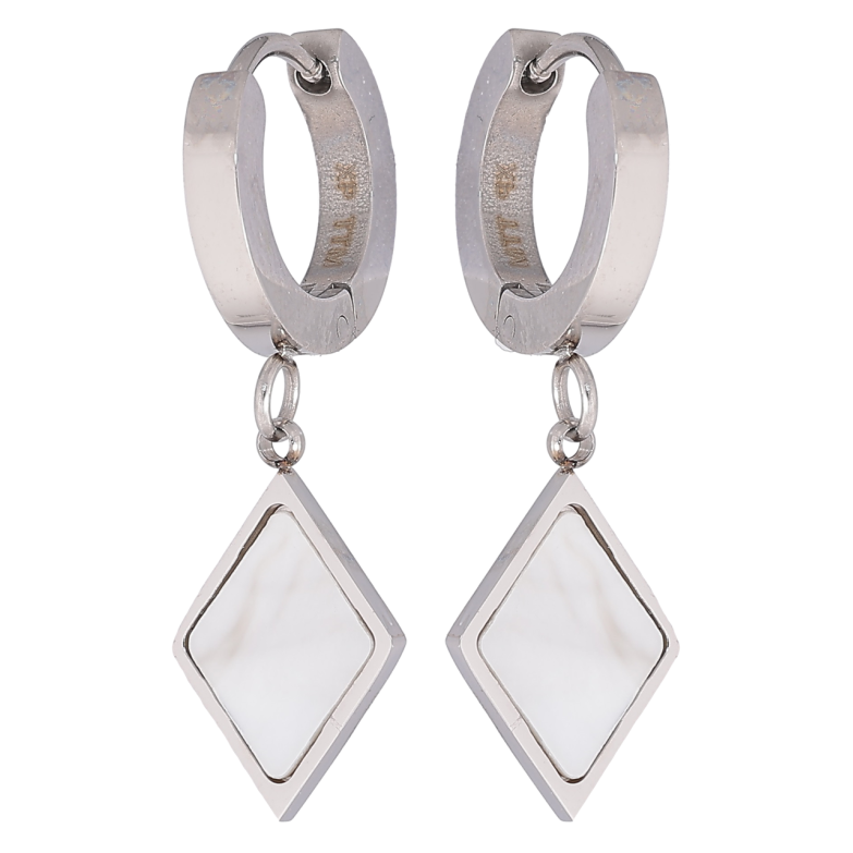 Сережки Xuping TTM Stainless Steel колір Родій підвіски на колечках «Ромби з перламутровими вставками» фото №1