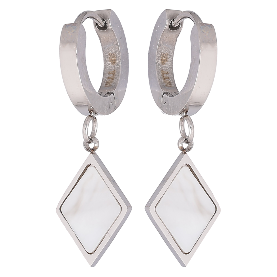 Сережки Xuping TTM Stainless Steel колір Родій підвіски на колечках «Ромби з перламутровими вставками» фото №1