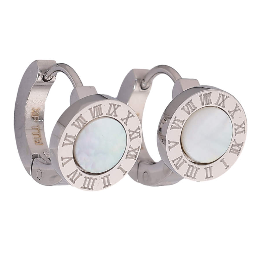 Серьги Xuping TTM Stainless Steel цвет Родий колечки Циферблат с перламутровыми вставками фото №1