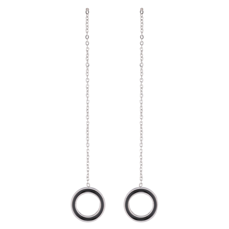 Сережки Xuping TTM Stainless Steel колір Родій пусети «Колечка з чорною емаллю на ланцюжку» фото №1