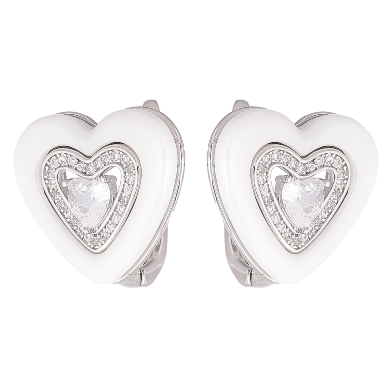 Сережки Xuping Родій англійський замок «Сердечка з білою керамікою та фіанітами» фото №1