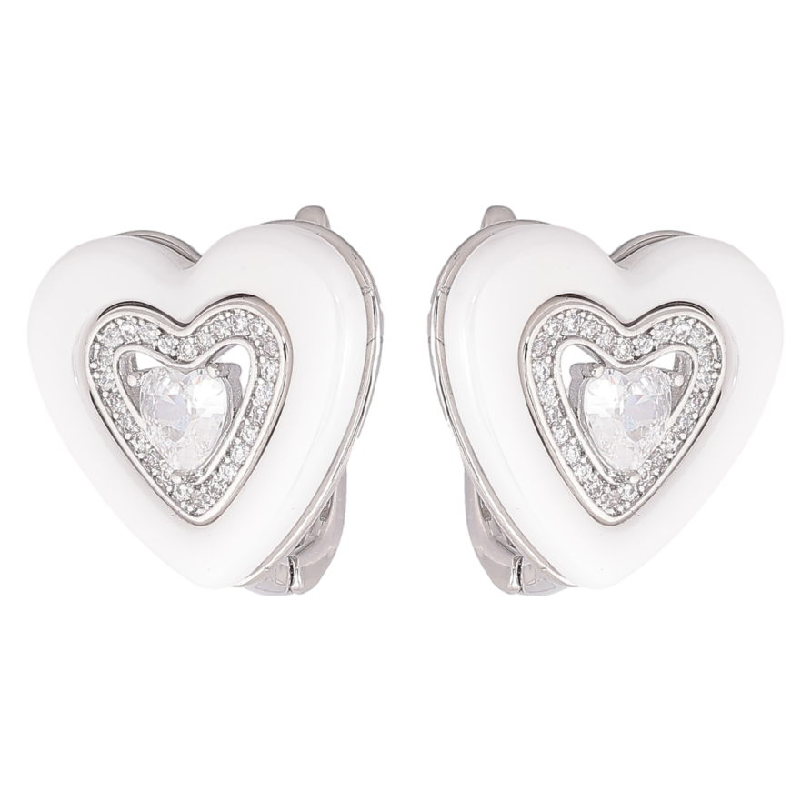 Серьги Xuping Родий английский замок Сердечки с белой керамикой и фианитами фото №1