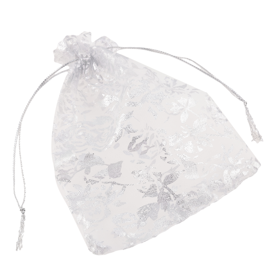 Мешочек подарочный из органзы Цветочный серебряный узор, цвет белый размер 11х14см цена за 1 шт. фото №1