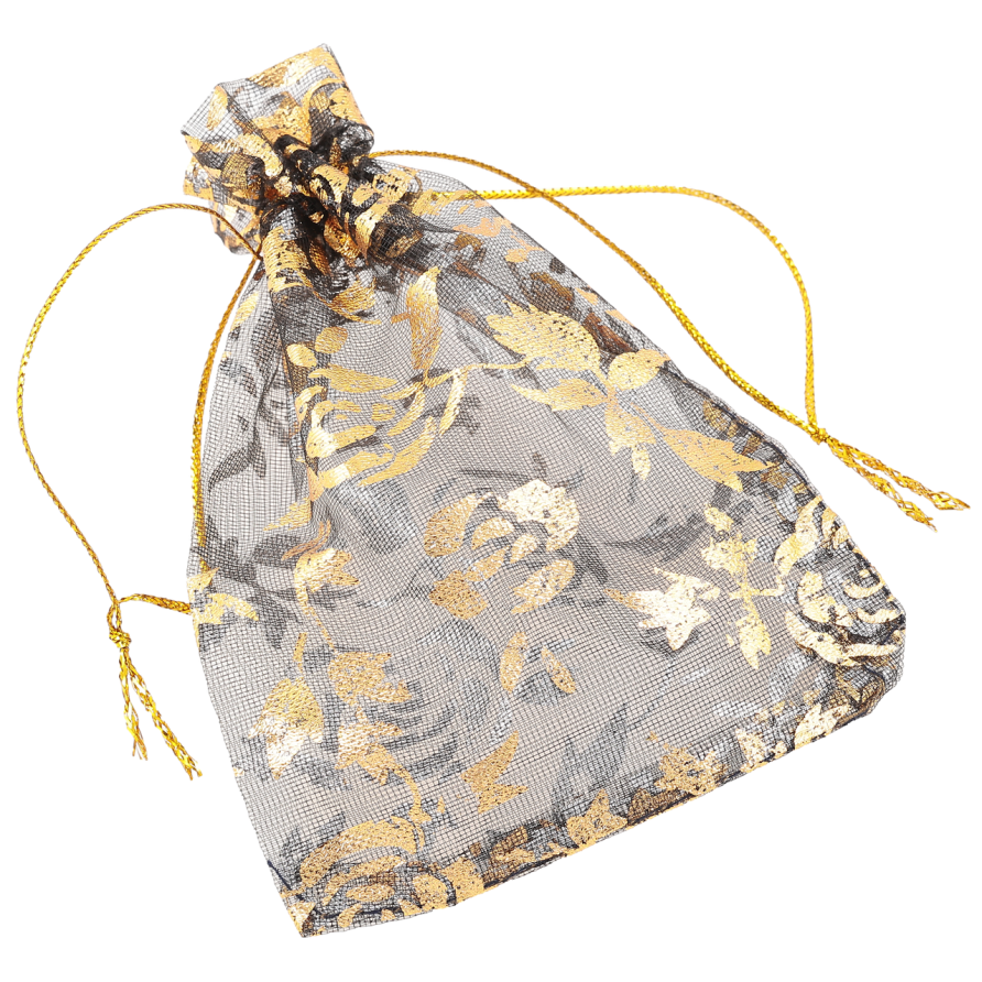 Мешочек подарочный из органзы Цветочный золотистый узор, цвет черный размер 8х12см цена за 1 шт. фото №1 Мешочек подарочный из органзы Цветочный золотистый узор, цвет черный размер 8х12см цена за 1 шт. фото №1