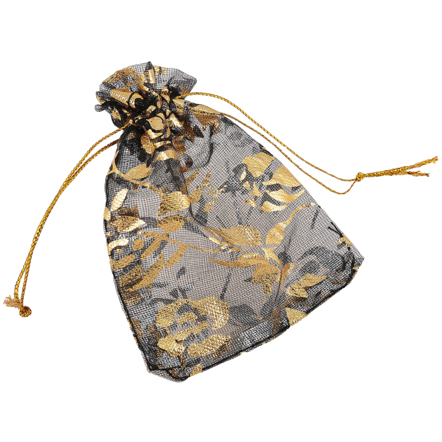 Мешочек подарочный из органзы Цветочный золотистый узор, цвет черный размер 7х9см цена за 1 шт. фото №1