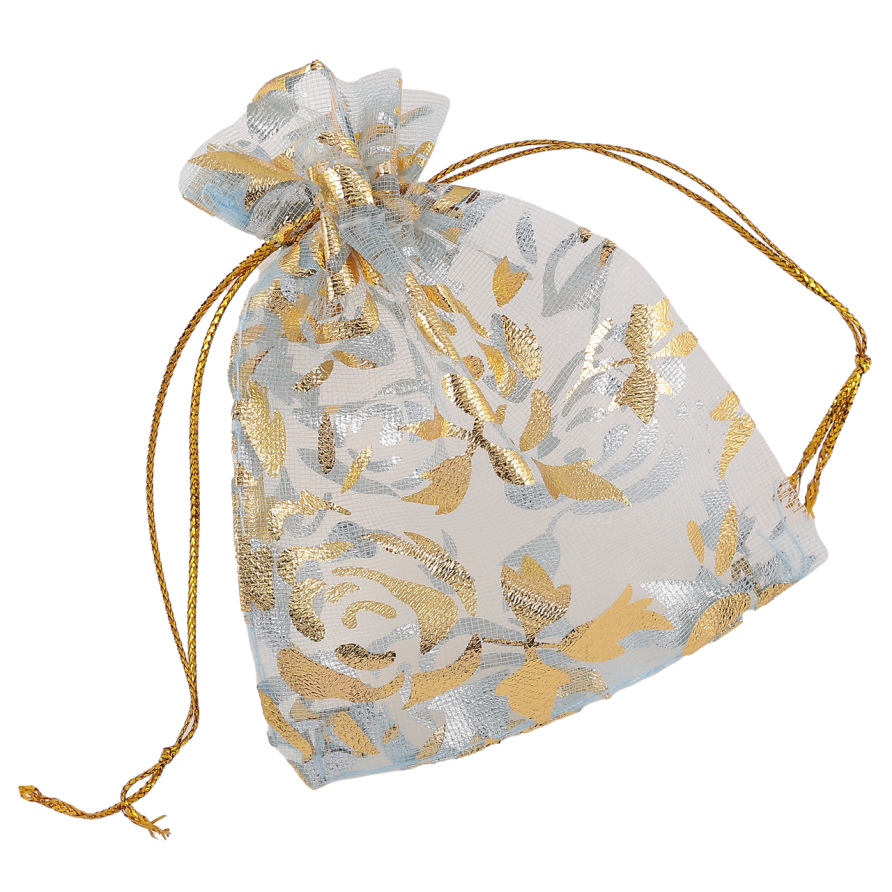 Мешочек подарочный из органзы Цветочный золотистый узор, цвет серо-голубой размер 7х9см цена за 1 шт. фото №1