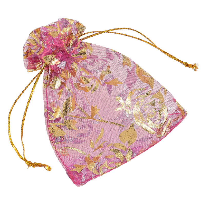 Мішечок подарунковий з органзи «Квітковий золотистий візерунок, колір фуксі» розмір 7х9см ціна за 1 шт. фото №1