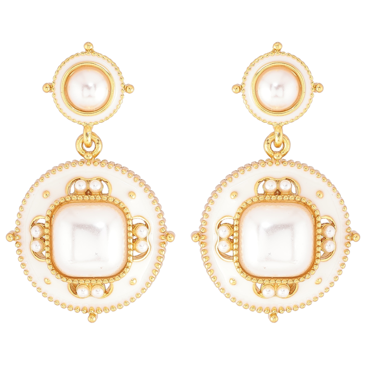 Сережки Xuping QQMM Позолота 14K пусети «Круглі підвіски з білою емаллю та перловими вставками» фото №3 Сережки Xuping QQMM Позолота 14K пусети «Круглі підвіски з білою емаллю та перловими вставками» фото №3