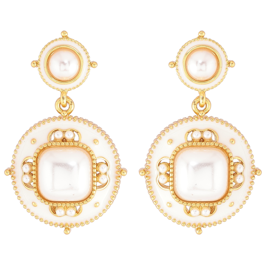 Серьги Xuping QQMM Позолота 14K пусеты Круглые подвески с белой эмалью и жемчужными вставками фото №1 Серьги Xuping QQMM Позолота 14K пусеты Круглые подвески с белой эмалью и жемчужными вставками фото №1