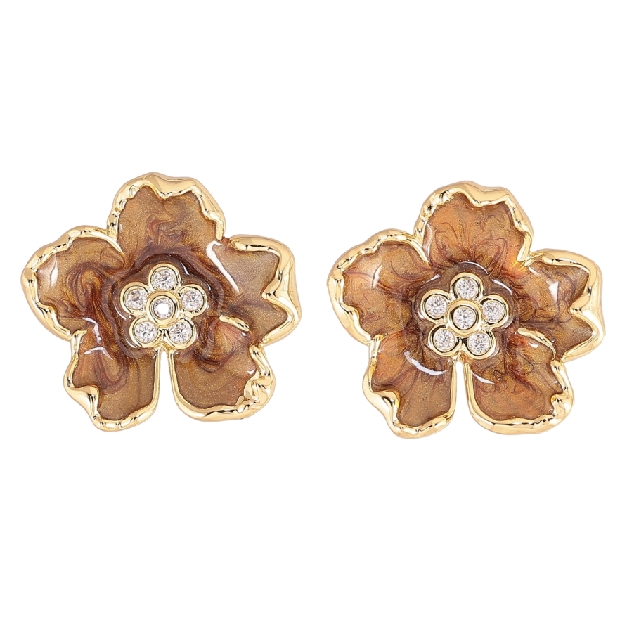 Сережки Xuping QQMM Позолота 14K пусети «Квіточки з коричневою перламутровою емаллю» фото №1 Сережки Xuping QQMM Позолота 14K пусети «Квіточки з коричневою перламутровою емаллю» фото №1