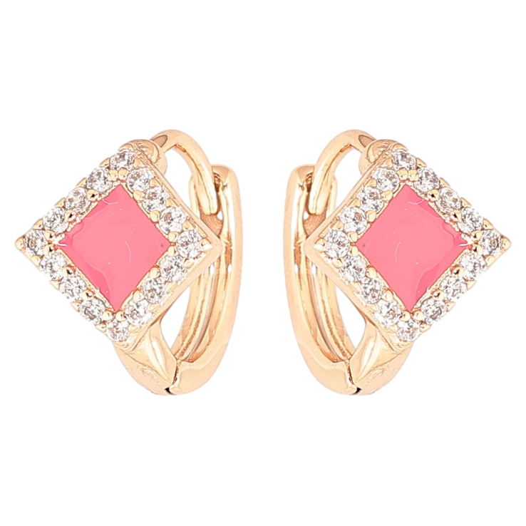 Серьги Xuping Позолота 18K колечки Розовые эмалевые ромбы в обрамлении циркония фото №3