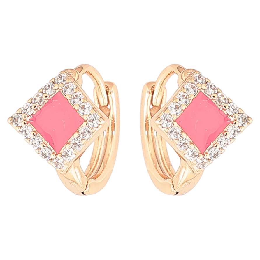 Серьги Xuping Позолота 18K колечки Розовые эмалевые ромбы в обрамлении циркония фото №1