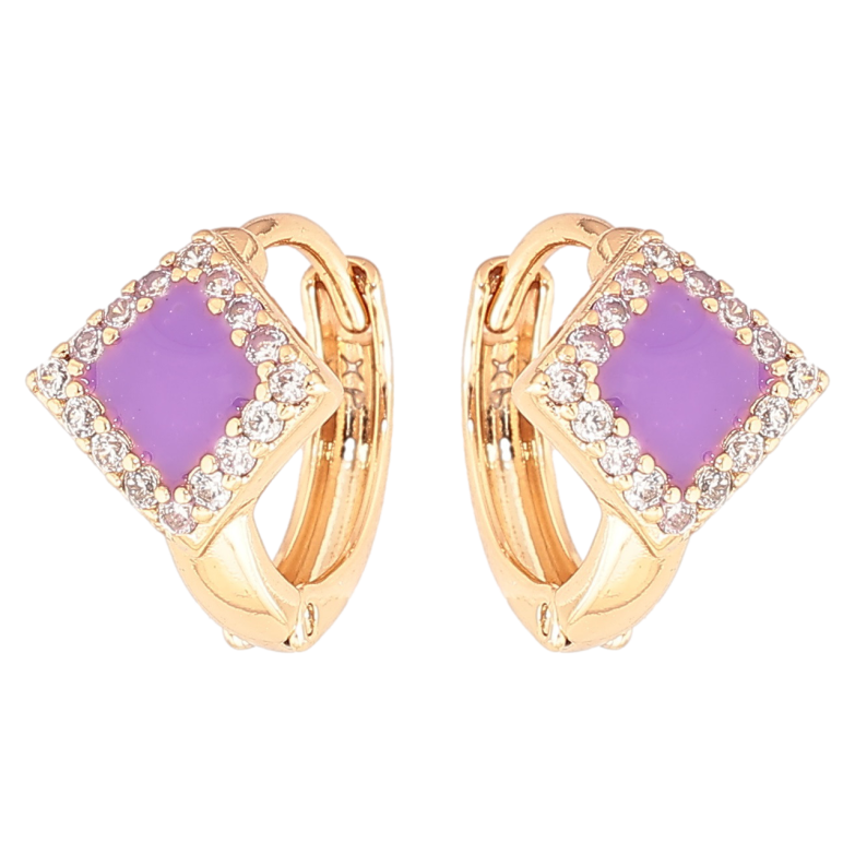 Серьги Xuping Позолота 18K колечки Сиреневые эмалевые ромбы в обрамлении циркония фото №1