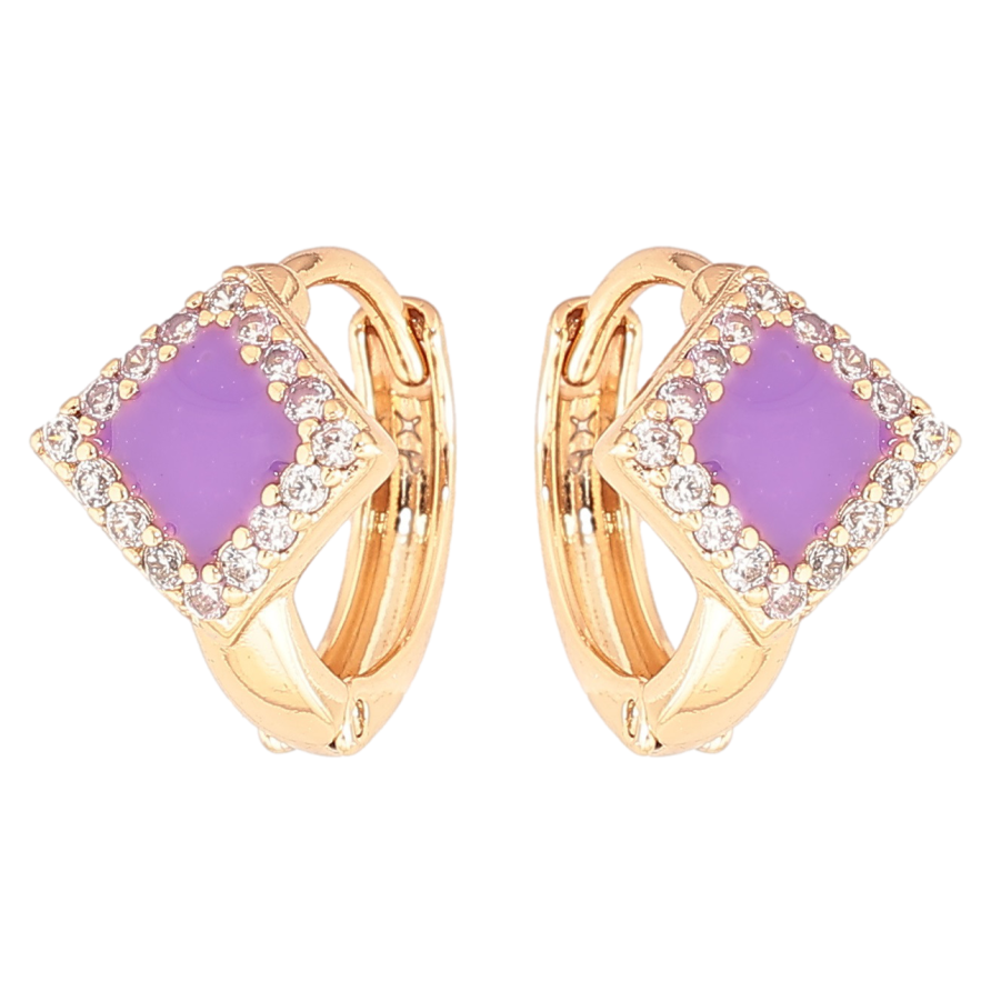 Сережки Xuping Позолота 18K колечка «Бузкові емалеві ромби в обрамленні цирконію» фото №1