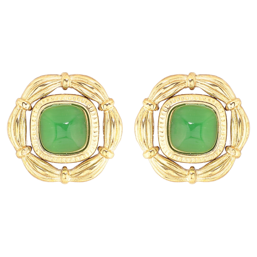 Серьги Xuping TTM Stainless Steel цвет 14К пусеты Зеленые кристаллы в декоративном обрамлении фото №1