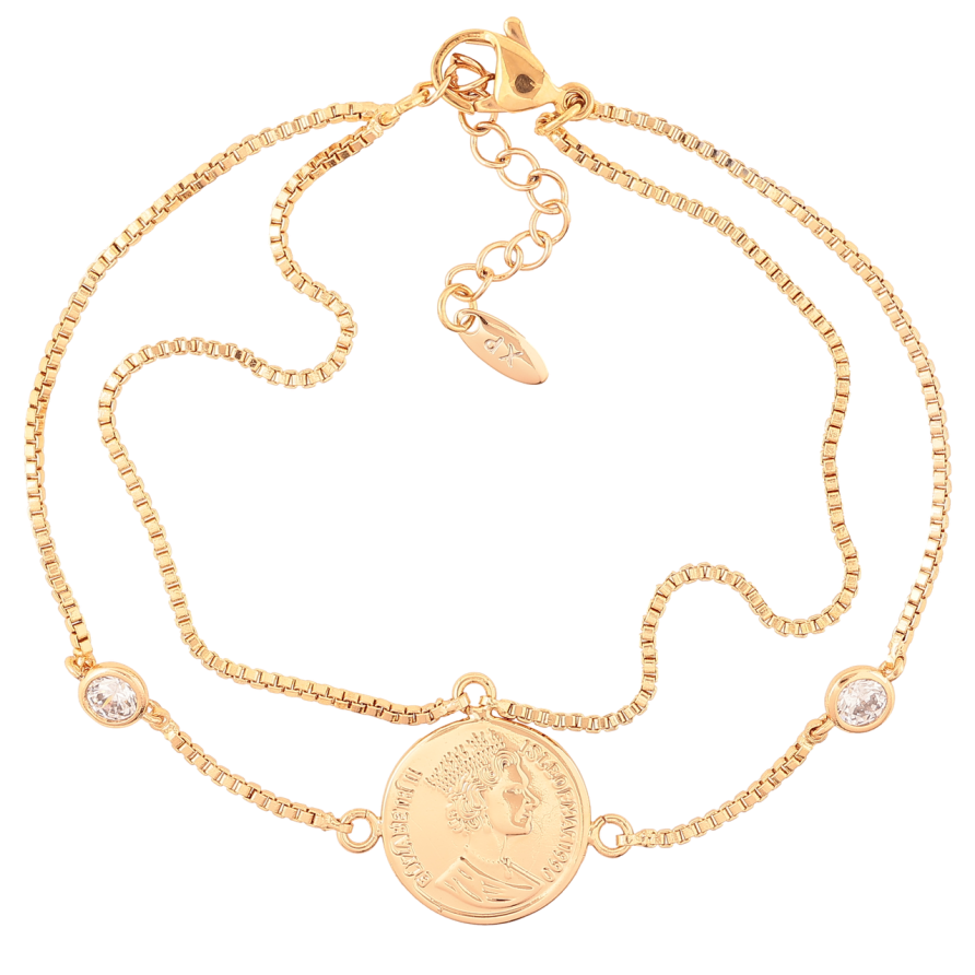 Браслет Xuping Позолота 18K «Подвійний ланцюжок з монетою» довжина з доп. ланцюжком 19-22см х 1мм фото №1