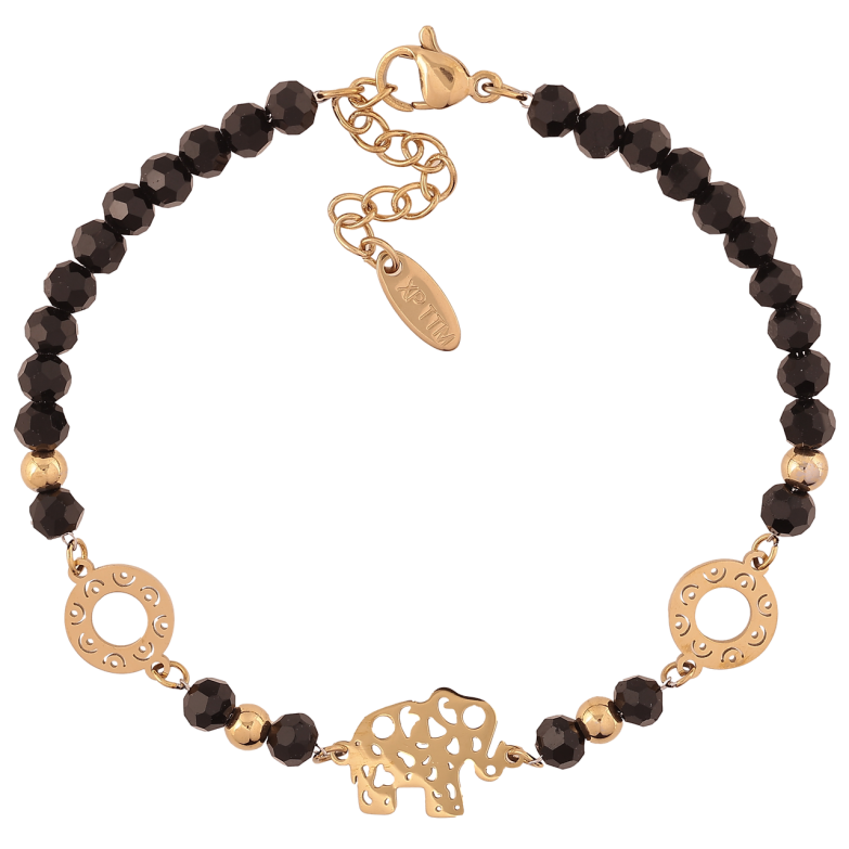 Браслет Xuping ТТМ Stainless Steel колір 14К ««Слон з чорними намистинами» з доп.ланцюгом 18.5-21.5см х 4мм фото №1 Браслет Xuping ТТМ Stainless Steel колір 14К ««Слон з чорними намистинами» з доп.ланцюгом 18.5-21.5см х 4мм фото №1