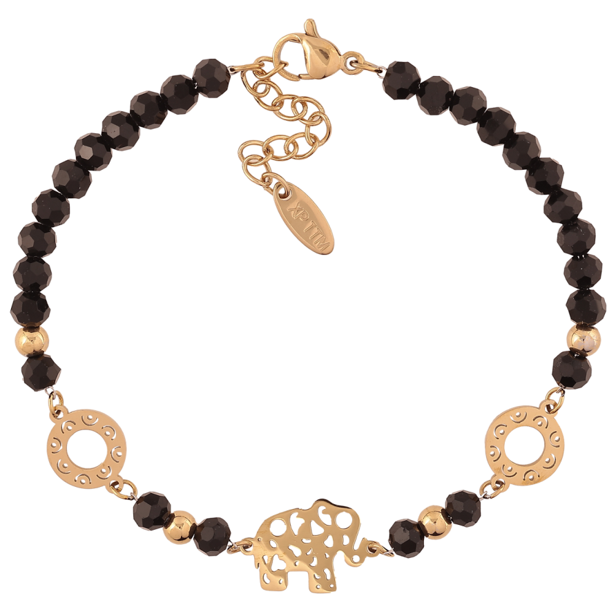 Браслет Xuping ТТМ Stainless Steel цвет 14К Слон с черными бусинами с доп.цеп 18.5-21.5см х 4мм фото №1 Браслет Xuping ТТМ Stainless Steel цвет 14К Слон с черными бусинами с доп.цеп 18.5-21.5см х 4мм фото №1