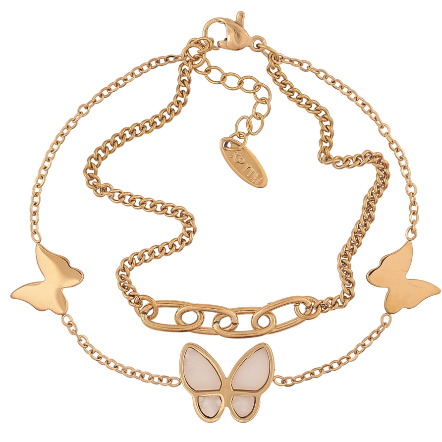 Браслет Xuping ТТМ Stainless Steel цвет 14К Двойная цепочка с бабочками с доп.цеп 17.5-21см х 2мм фото №1 Браслет Xuping ТТМ Stainless Steel цвет 14К Двойная цепочка с бабочками с доп.цеп 17.5-21см х 2мм фото №1