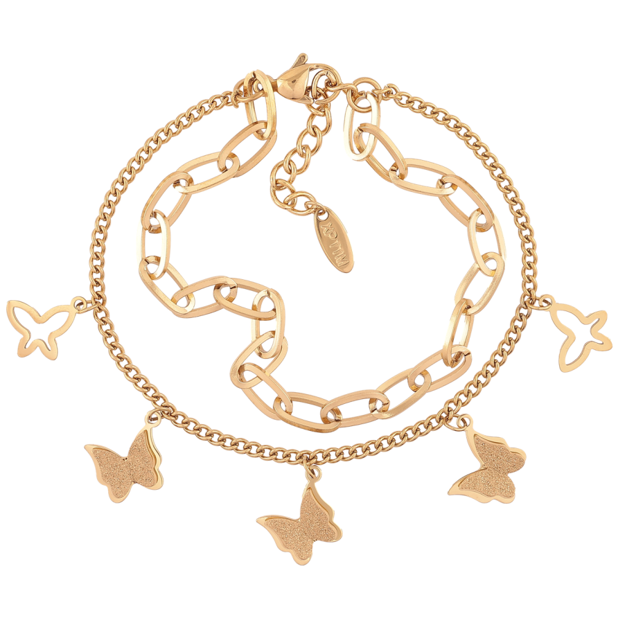Браслет Xuping ТТМ Stainless Steel цвет 14К Двойная цепочка с бабочками с доп.цеп 17-20.5см х 2-4мм фото №1 Браслет Xuping ТТМ Stainless Steel цвет 14К Двойная цепочка с бабочками с доп.цеп 17-20.5см х 2-4мм фото №1