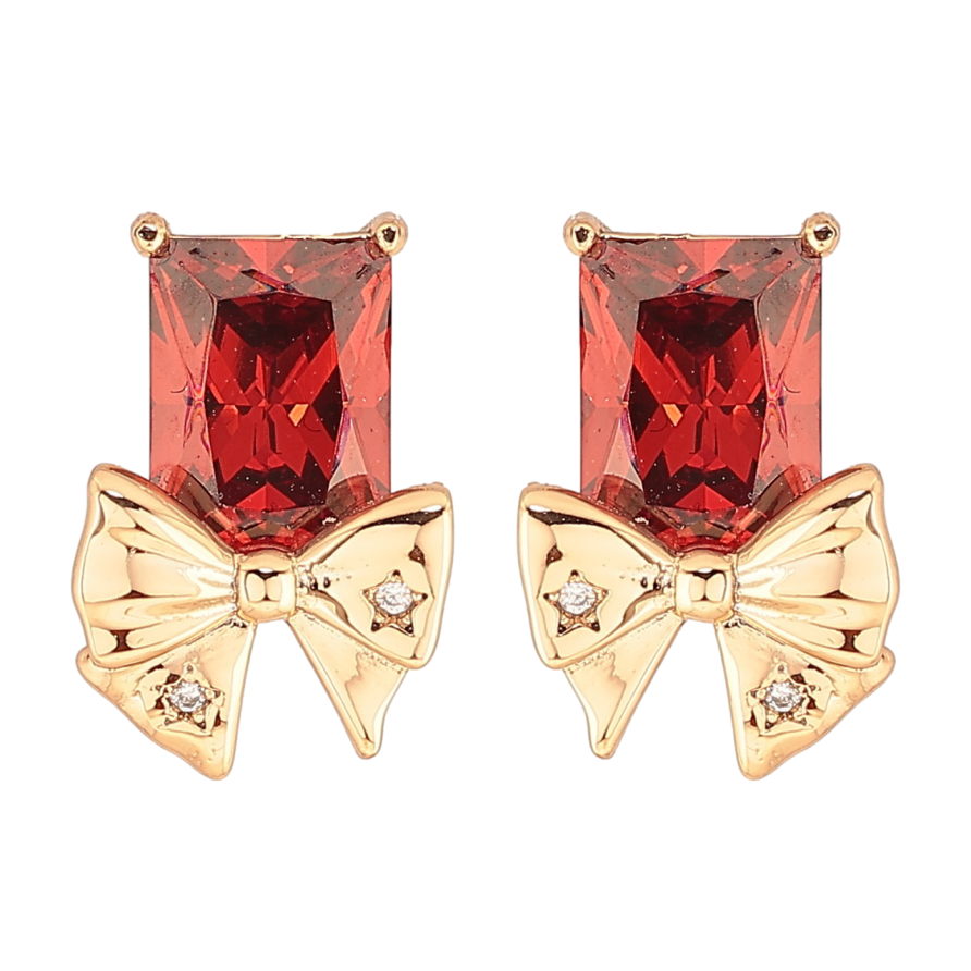 Серьги Xuping Позолота 18K пусеты Красные кристаллы с бантами фото №1 Серьги Xuping Позолота 18K пусеты Красные кристаллы с бантами фото №1
