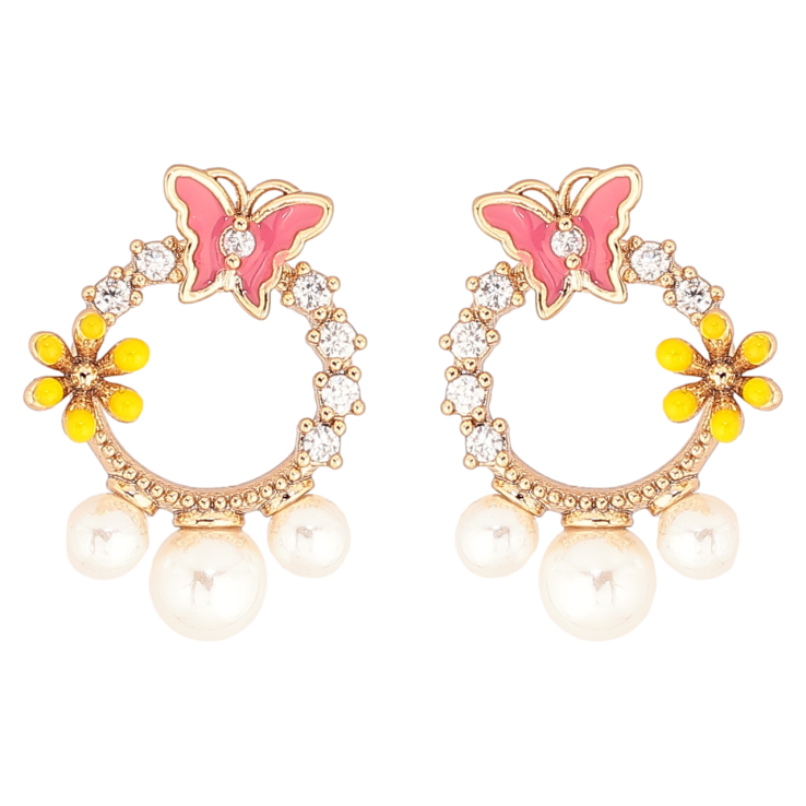 Сережки Xuping Позолота 18K пусети «Колечка з метеликами, квіточками та перлинами» фото №3