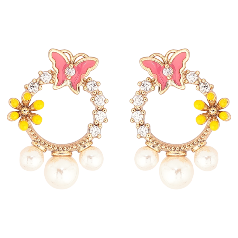 Сережки Xuping Позолота 18K пусети «Колечка з метеликами, квіточками та перлинами» фото №1