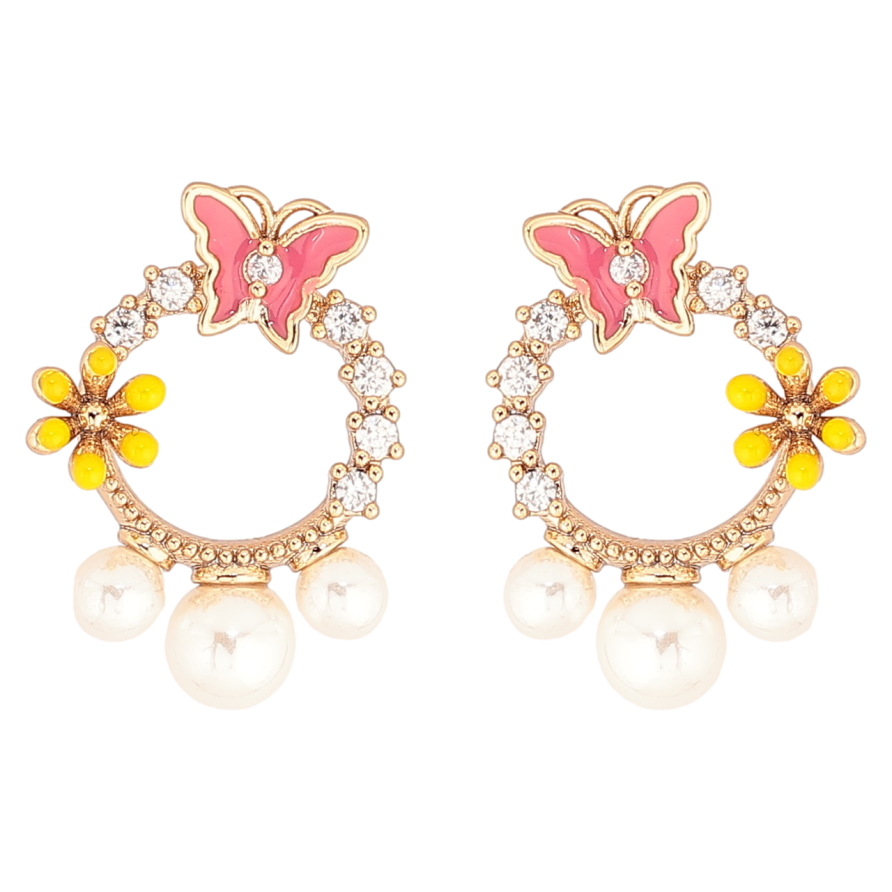 Сережки Xuping Позолота 18K пусети «Колечка з метеликами, квіточками та перлинами» фото №1