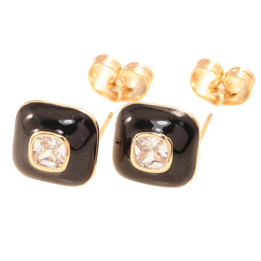Сережки Xuping Позолота 18K пусети «Квадрати з чорною емаллю і цирконієм» 10х10мм фото №1 Сережки Xuping Позолота 18K пусети «Квадрати з чорною емаллю і цирконієм» 10х10мм фото №1