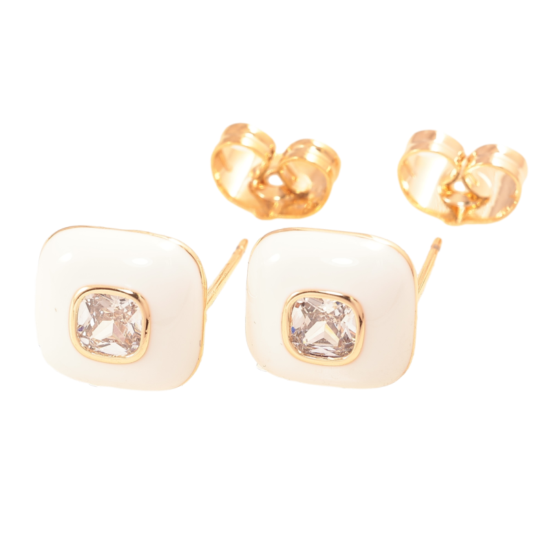 Сережки Xuping Позолота 18K пусети «Квадрати з білою емаллю і цирконієм» 10х10мм фото №1 Сережки Xuping Позолота 18K пусети «Квадрати з білою емаллю і цирконієм» 10х10мм фото №1