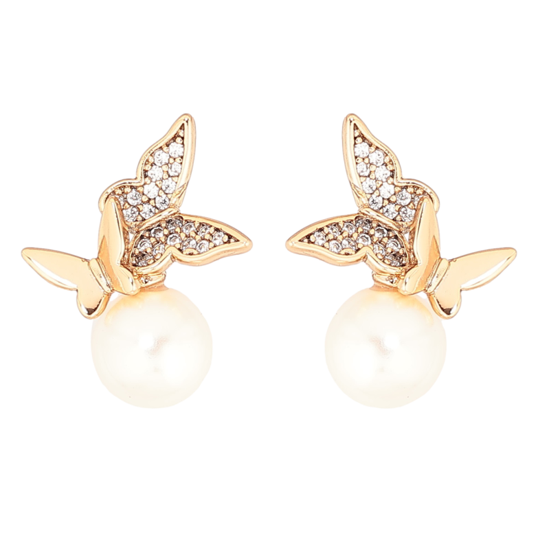 Серьги Xuping Позолота 18K пусеты Бабочки с жемчужинами фото №2 Серьги Xuping Позолота 18K пусеты Бабочки с жемчужинами фото №2