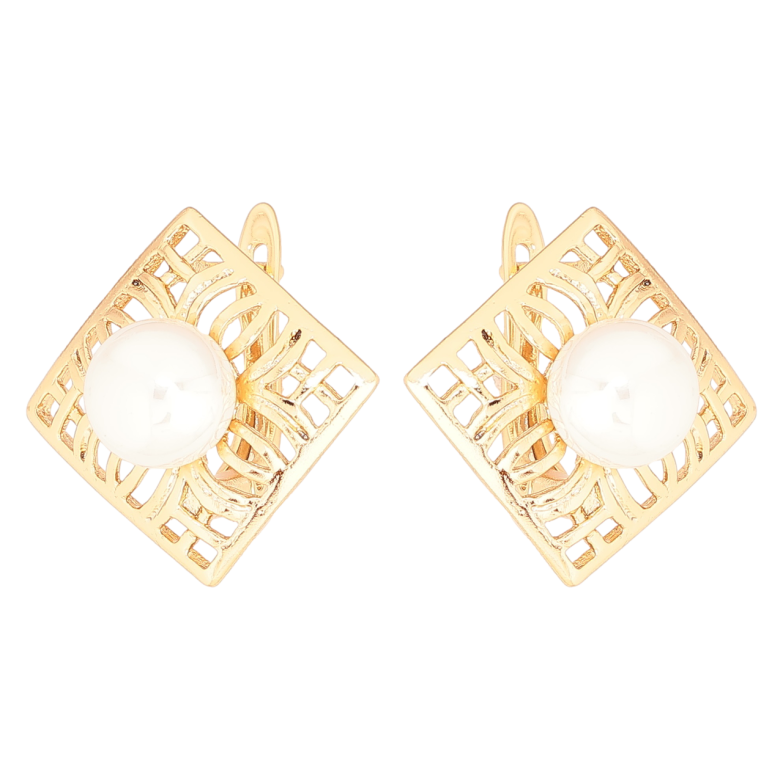 Сережки Xuping Позолота 18K англійський замок «Різьблені ромби з перлинами» фото №1