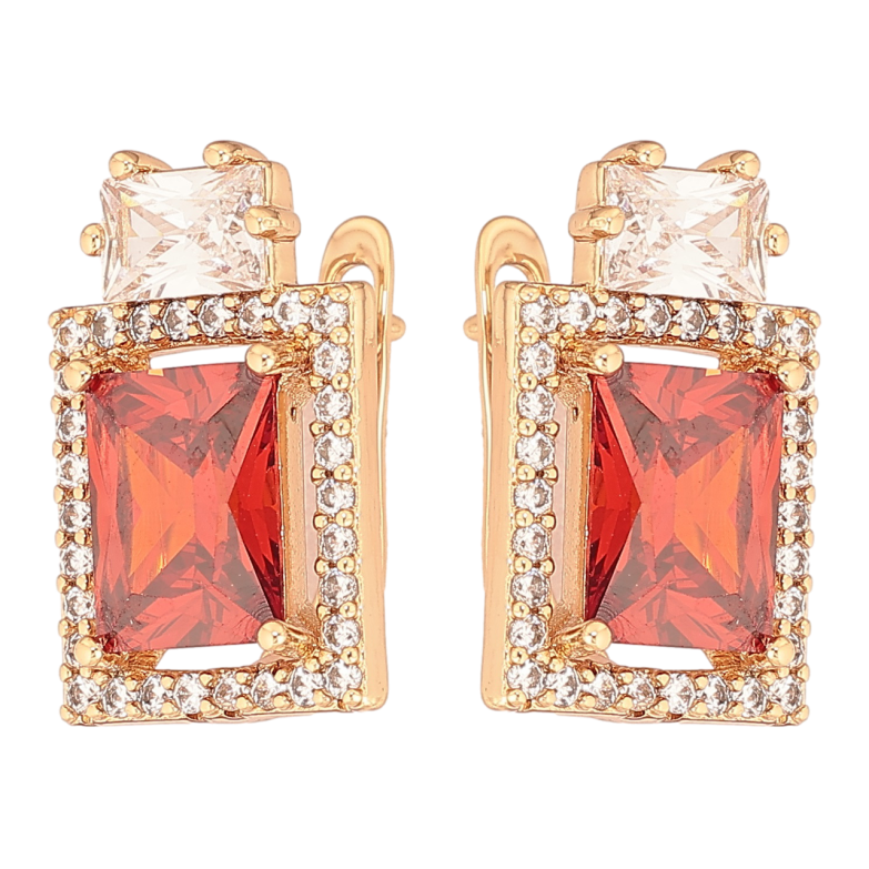 Сережки Xuping Позолота 18K англійський замок «Червоні кристали в обрамленні цирконію» фото №1