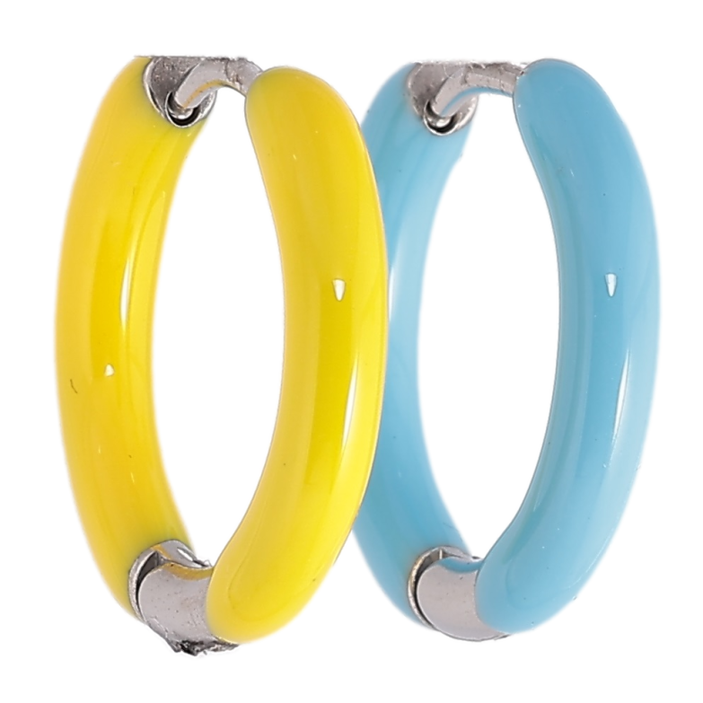 Серьги Xuping TTM Stainless Steel цвет Родий колечки Покраска желто-голубой эмалью ø 20мм, шир. 3мм фото №1