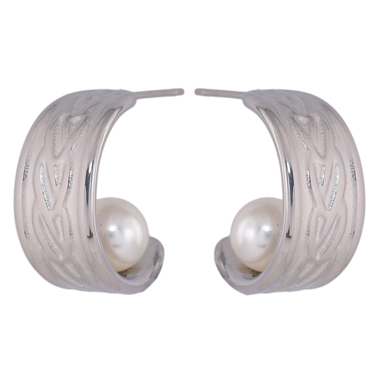 Серьги Xuping TTM Stainless Steel цвет Родий пусеты Широкие дуги с узором и жемчужинами фото №1