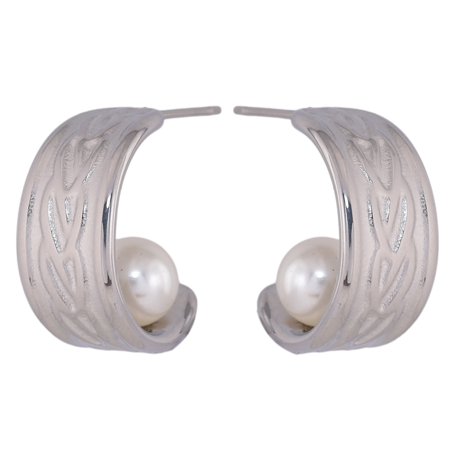 Сережки Xuping TTM Stainless Steel колір Родій пусети «Широкі дуги з візерунком і перлинами» фото №1 Сережки Xuping TTM Stainless Steel колір Родій пусети «Широкі дуги з візерунком і перлинами» фото №1