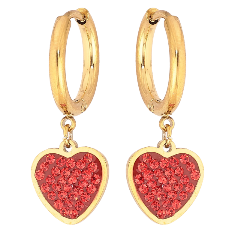 Серьги Xuping TTM Stainless Steel цвет 14К подвески на колечках Красные сердечки с кристаллами фото №1 Серьги Xuping TTM Stainless Steel цвет 14К подвески на колечках Красные сердечки с кристаллами фото №1