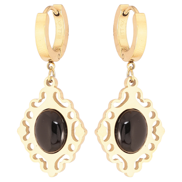 Серьги Xuping TTM Stainless Steel цвет 14К подвески на колечках Резные подвески с черными вставками фото №17