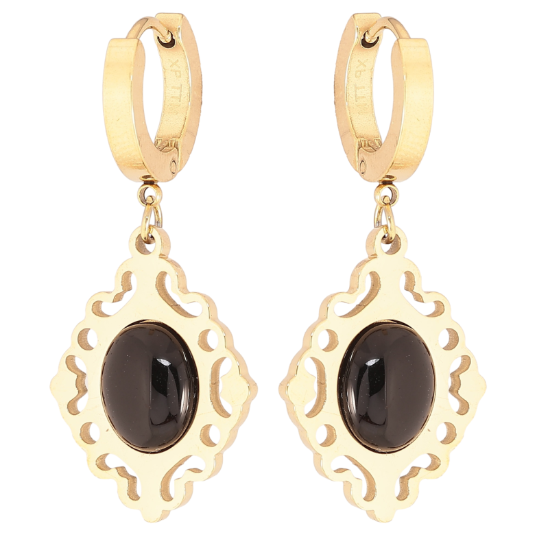 Сережки Xuping TTM Stainless Steel колір 14К підвіски на колечках «Різьблені підвіски з чорними вставками» фото №1 Сережки Xuping TTM Stainless Steel колір 14К підвіски на колечках «Різьблені підвіски з чорними вставками» фото №1