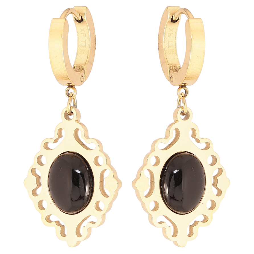 Серьги Xuping TTM Stainless Steel цвет 14К подвески на колечках Резные подвески с черными вставками фото №1 Серьги Xuping TTM Stainless Steel цвет 14К подвески на колечках Резные подвески с черными вставками фото №1