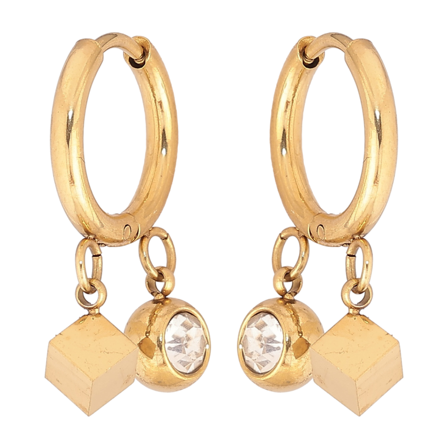 Серьги Xuping TTM Stainless Steel цвет 14К подвески на колечках Кубики и шарики с кристаллами фото №1 Серьги Xuping TTM Stainless Steel цвет 14К подвески на колечках Кубики и шарики с кристаллами фото №1