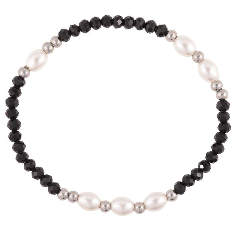 Браслет Xuping ТТМ Stainless Steel колір Родій «Сріблясто-чорні та перлинні намистини» на резинці 16-18см х 4мм фото №1