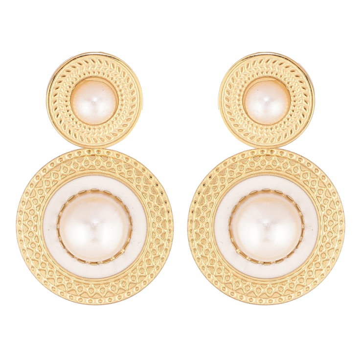 Сережки Xuping TTM Stainless Steel колір 14К пусети «Круглі підвіски з перловими намистинами та білою емаллю» фото №8 Сережки Xuping TTM Stainless Steel колір 14К пусети «Круглі підвіски з перловими намистинами та білою емаллю» фото №8