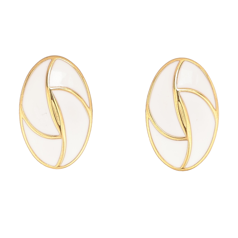 Сережки Xuping TTM Stainless Steel колір 14К пусети «Овали з візерунком білою емаллю» фото №1 Сережки Xuping TTM Stainless Steel колір 14К пусети «Овали з візерунком білою емаллю» фото №1