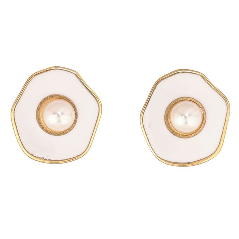 Серьги Xuping TTM Stainless Steel цвет 14К пусеты Узор с белой эмалью и жемчужными бусинками фото №1