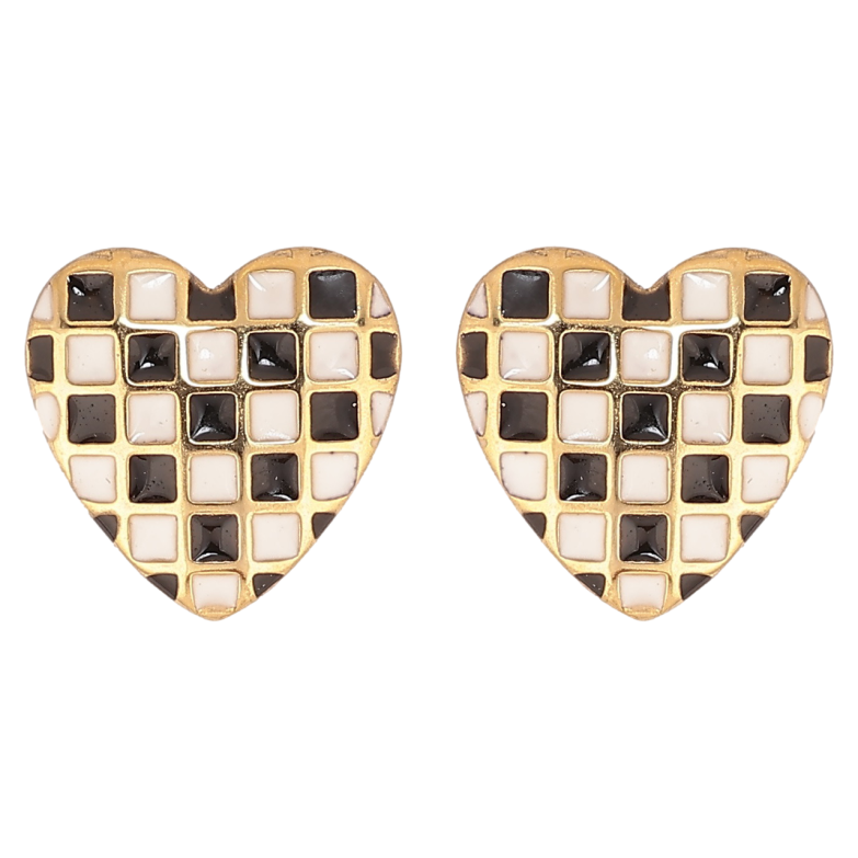 Серьги Xuping TTM Stainless Steel цвет 14К пусеты Сердечки с шахматным узором черно-белой эмалью фото №1
