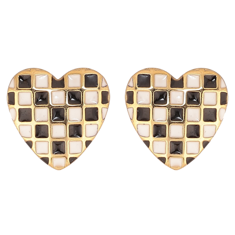 Серьги Xuping TTM Stainless Steel цвет 14К пусеты Сердечки с шахматным узором черно-белой эмалью фото №1