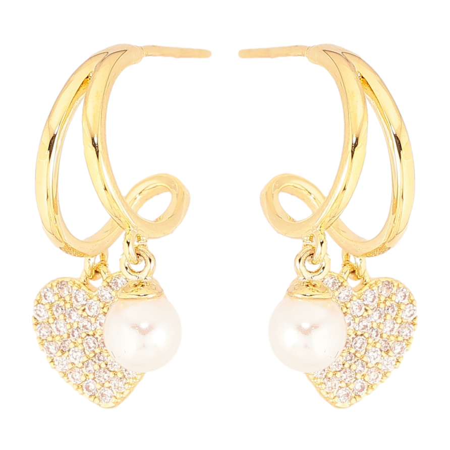 Сережки Xuping Позолота 14K пусети «Дуги з сердечками та перлинами» фото №1