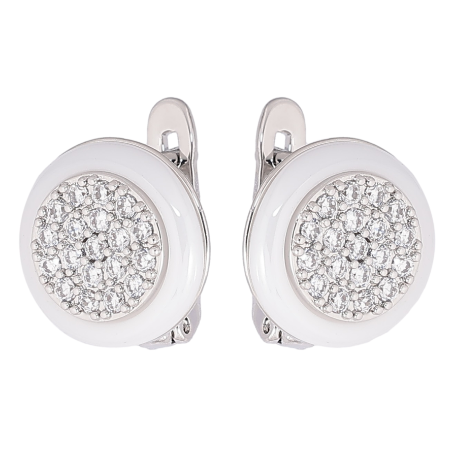 Серьги Xuping Родий английский замок Колечка белой керамики с кристаллами фото №1 Серьги Xuping Родий английский замок Колечка белой керамики с кристаллами фото №1